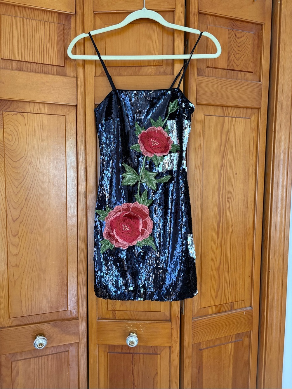 Forever 21 Black Sequin Mini Dress with Red Rose Embroidery
